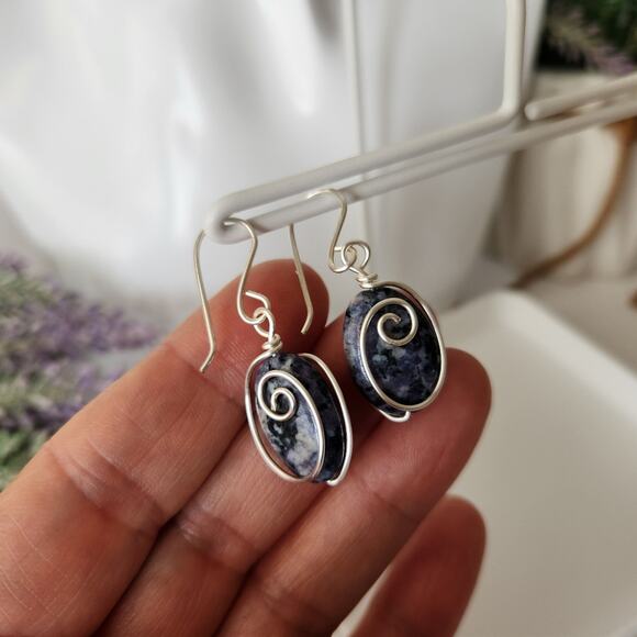 Blue Sodalite Stone Wire-wrapped Dangle Earrings / Minimalist Stone Earrings - Picture 9 of 11